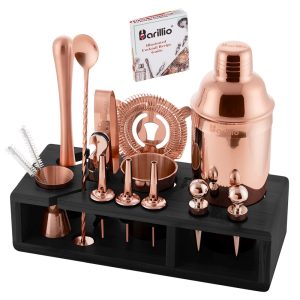 Barillio® Mixology Rose-Copper Bartender Kit With Black Elegant Bamboo Stand