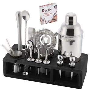 Barillio® Mixology Silver Bartender Kit With Black Elegant Bamboo Stand