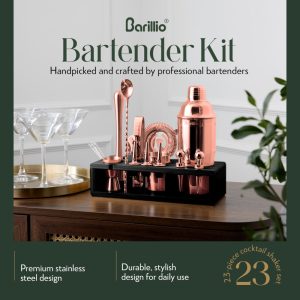 Barillio® Mixology Rose-Copper Bartender Kit With Black Elegant Bamboo Stand