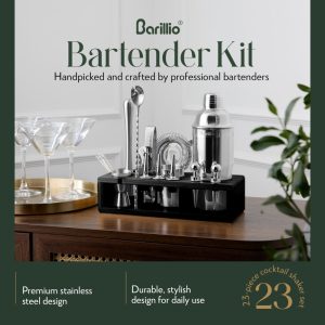 Barillio® Mixology Silver Bartender Kit With Black Elegant Bamboo Stand