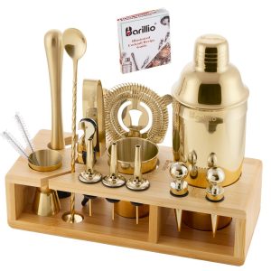 Barillio® Mixology Bartender Kit With Elegant Bamboo Stand (Gold)