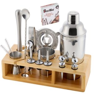 Barillio® Mixology Bartender Kit With Elegant Bamboo Stand (Silver)