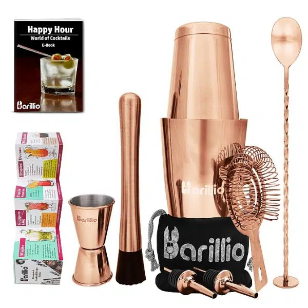 Barillio Cocktail Shaker Set with Elegant Bamboo Stand (Rose-Copper)