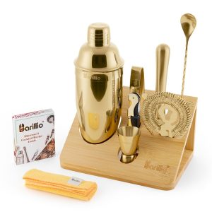 Barillio® Cocktail Shaker Set With Elegant Bamboo Stand (Gold)