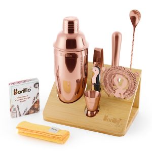 Barillio® Cocktail Shaker Set With Elegant Bamboo Stand (Rose-Copper)