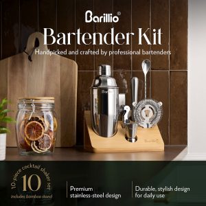 Barillio® Cocktail Shaker Set With Elegant Bamboo Stand (Silver)