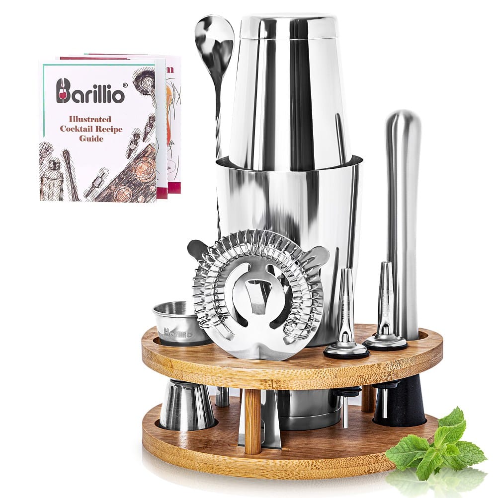 Barillio® Cocktail Shaker Set With Elegant Bamboo Stand (Silver