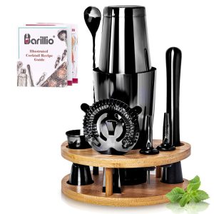 Barillio® Boston Shaker Set With Elegant Rounded Bamboo Stand (Black)