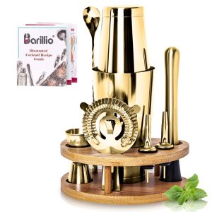 Barillio® Boston Shaker Set With Elegant Rounded Bamboo Stand (Gold)